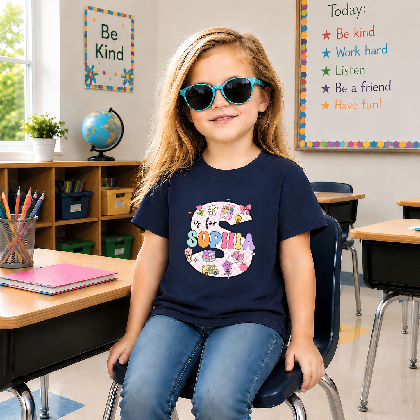 Pastel Alphabet School Shirt - Custom Name & Grade Kids T-Shirt - Back To School Gift for Girls