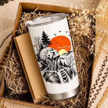 Anatomical Skeleton Sunset Tumbler 20oz, Vintage Mountain Travel Cup, Gothic Gift for Men Women