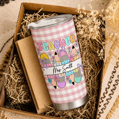 Personalized Teacher Tumbler with Custom Name, Cute Pencil Floral Travel Cup, Teacher Appreciation Gift, Back to School Teacher Gift