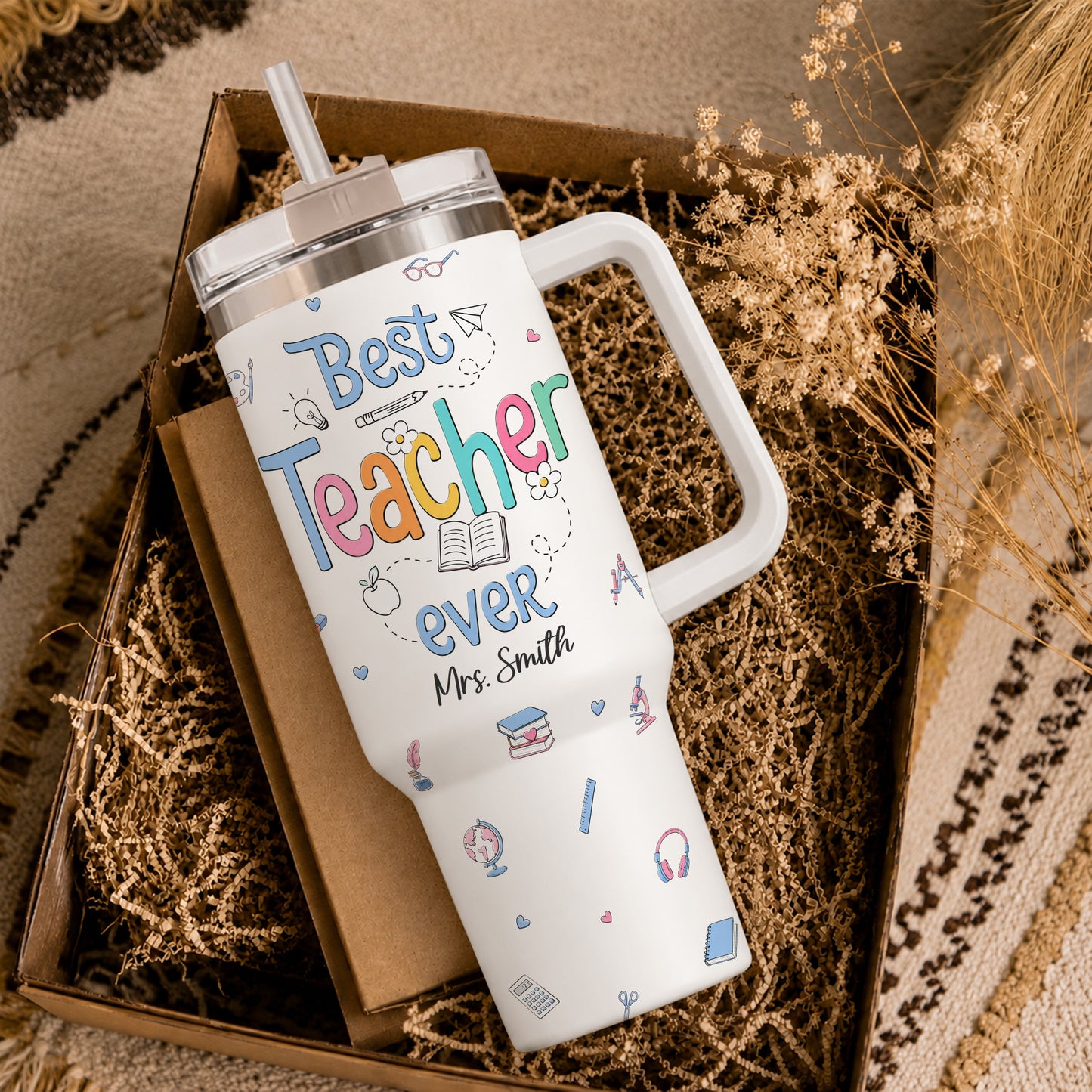 Personalized 40oz Teacher Tumbler with Handle & Straw – Custom Best Teacher Ever Gift for Back to School & Teacher Appreciation