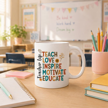 Vintage Floral Teacher Mug - Teach Love Inspire Motivate Educate - Custom Teacher Name Coffee Cup - Appreciation Gift for Teachers