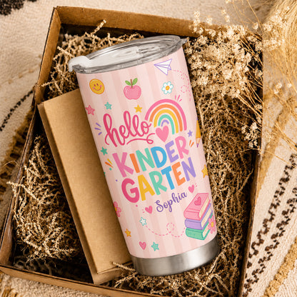 Personalized Hello Kindergarten Tumbler with Custom Grade & Name, Back to School Student Travel Cup, First Day of School Gift for Kids Students