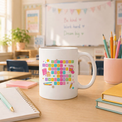 Colorful Teacher Crossword Mug - Personalized Teacher Name Ceramic Coffee Cup - Motivational Gift for Teachers