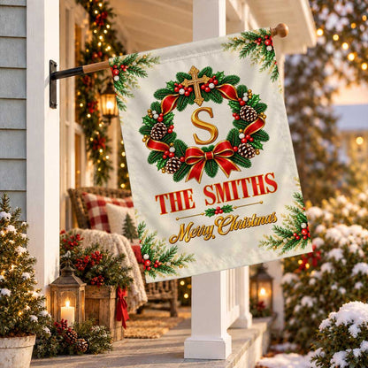 Personalized Christmas Garden Flag - Custom Family Name Monogram Wreath - Holiday Outdoor Decor, Christmas Gift