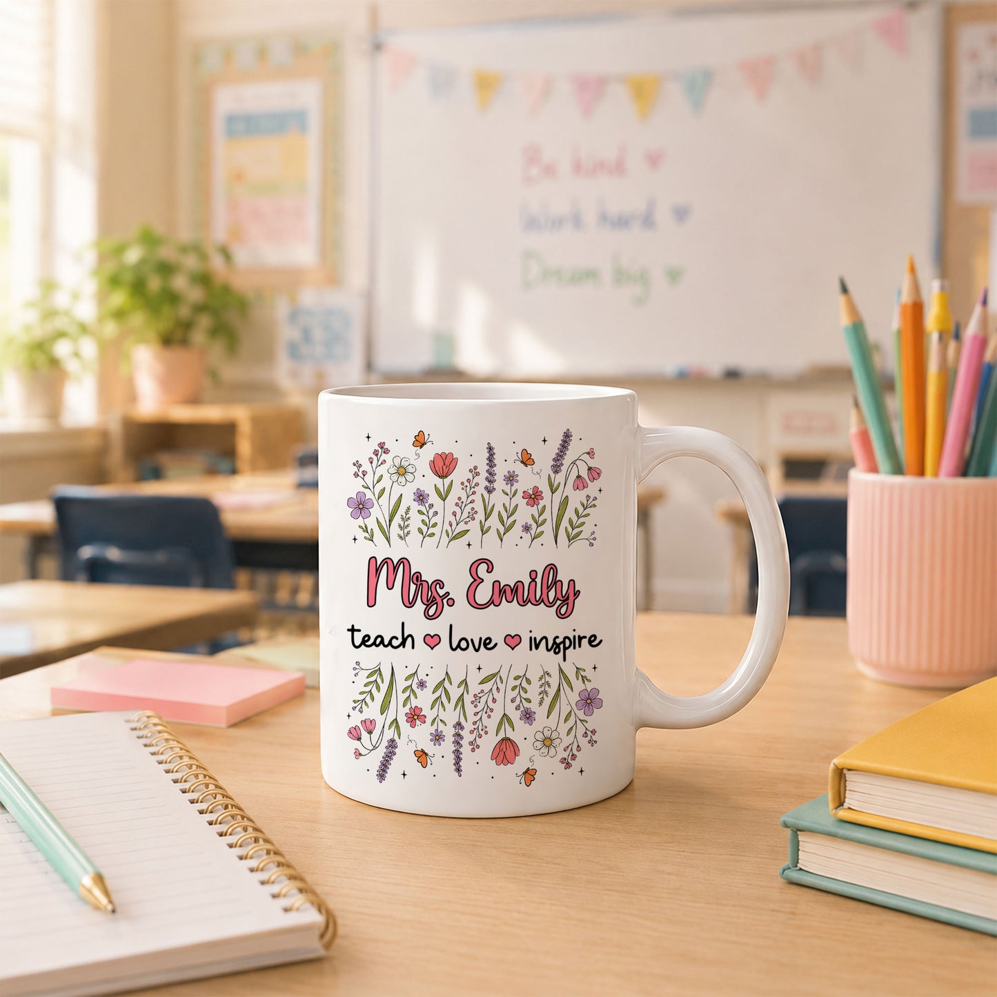 Floral Teacher Mug - Teach Love Inspire - Personalized Wildflower Ceramic Coffee Mug - Back To School Gift for Teachers