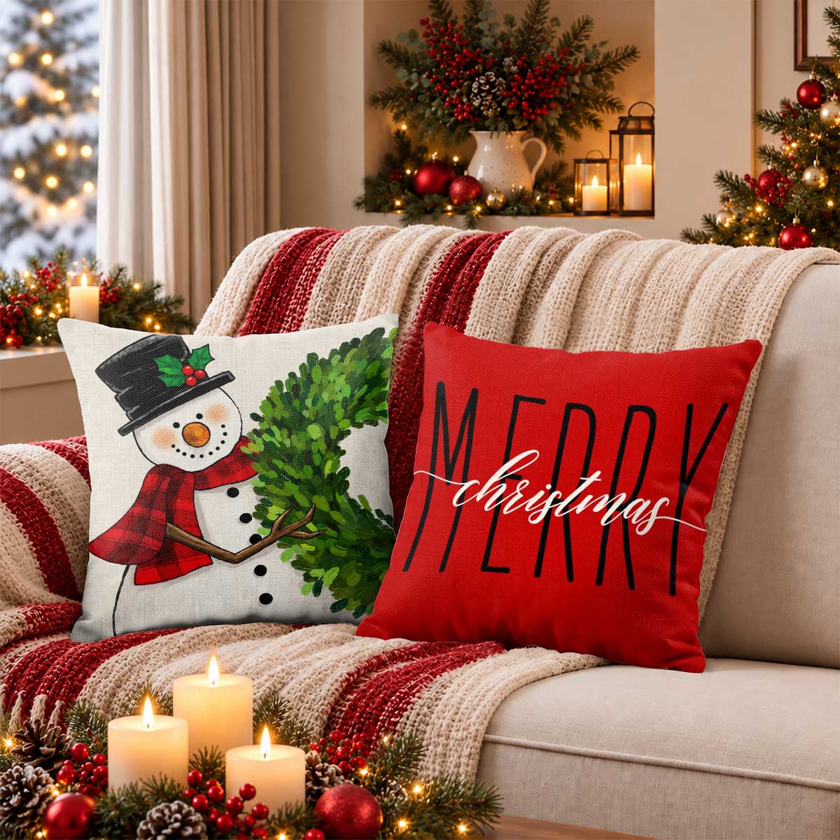 Christmas Decorative Pillow Set of 2 or 4, Santa Snowman Holiday Throw Pillow for Home Decor, Christmas Gift for Family