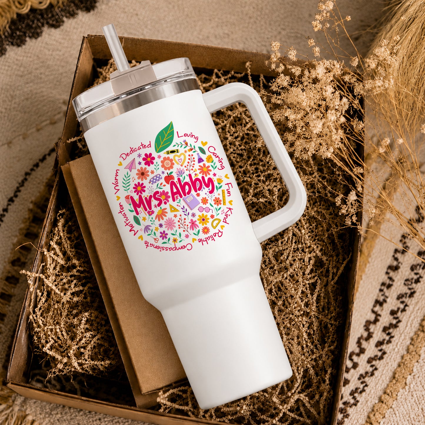 Retro Floral Teacher Tumbler With Handle - Custom Name Teacher To Go Cup, Back To School Teacher Gift