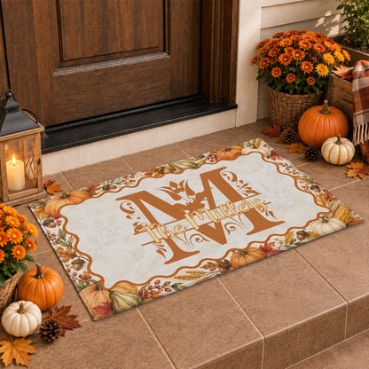 Personalized Thanksgiving Doormat - Custom Family Name Monogram Door Mat - Fall Harvest Pumpkin Home Decor
