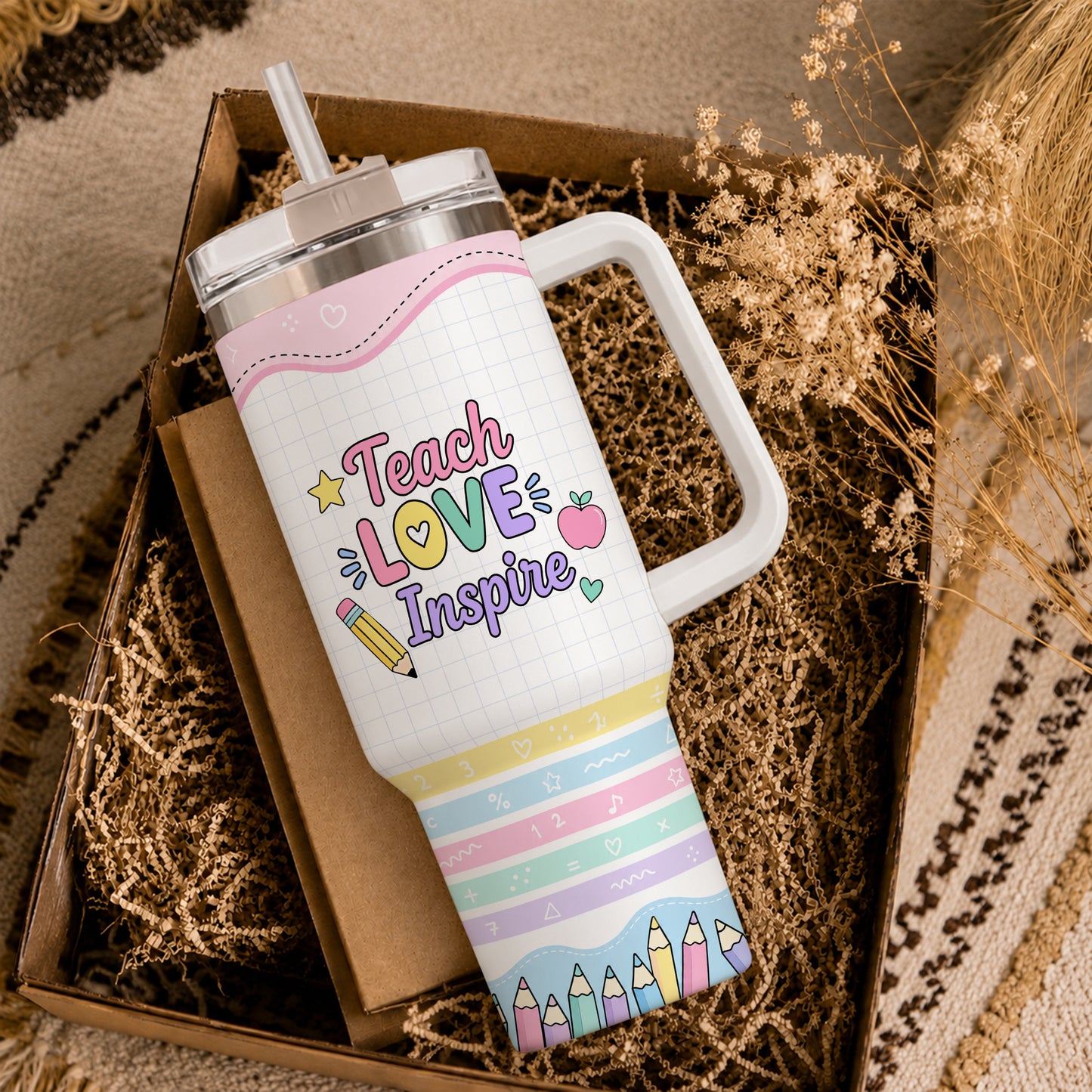 Teach Love Inspire Pastel Teacher Tumbler with Handle – Custom Teacher Name Travel Cup - Back To School Gift for Teachers