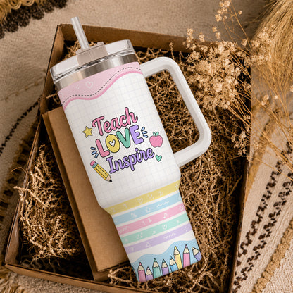 Teach Love Inspire Pastel Teacher Tumbler with Handle – Custom Teacher Name Travel Cup - Back To School Gift for Teachers