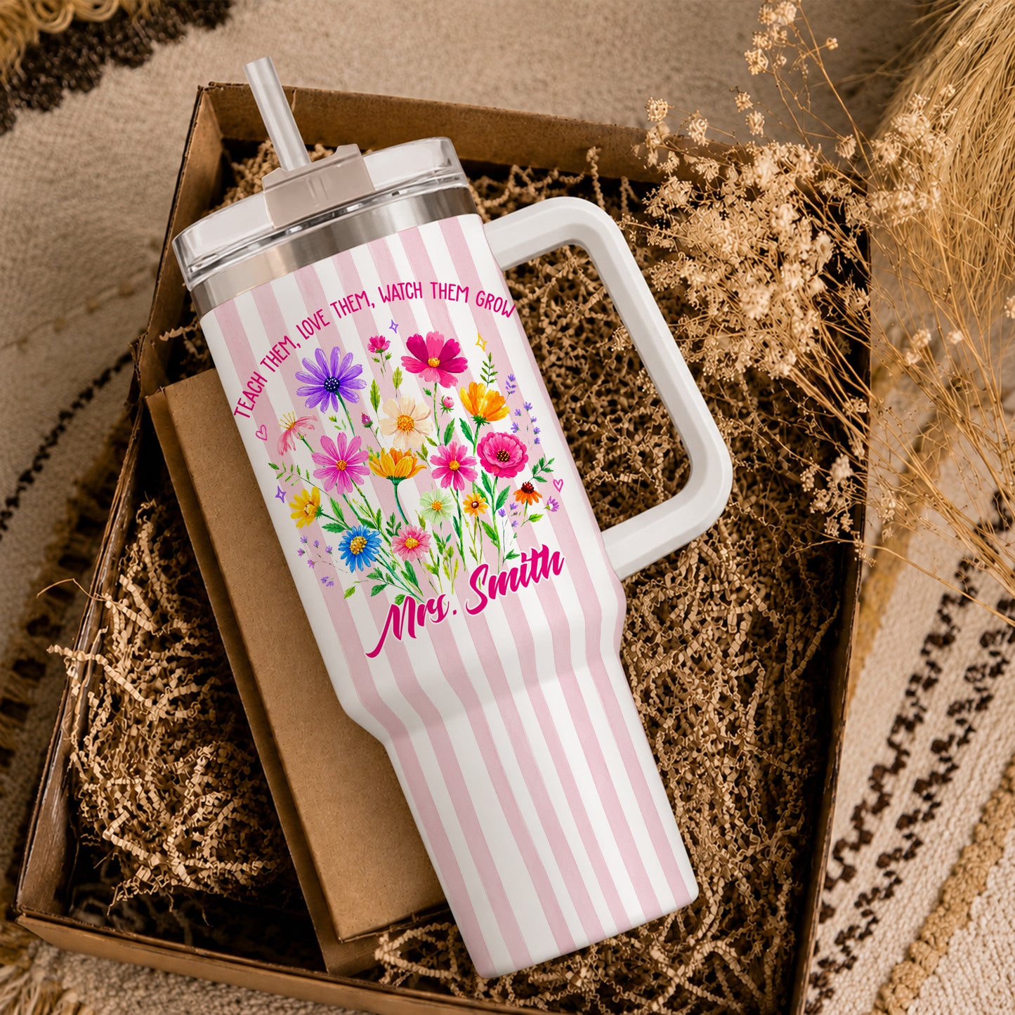 Personalized 40oz Teacher Tumbler with Handle & Straw – Custom Floral Teacher Gift for Back to School, First Day of School & Teacher Appreciation