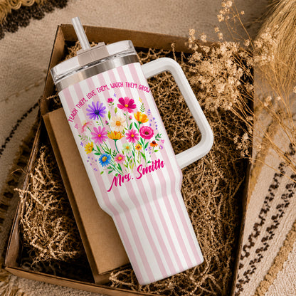 Personalized 40oz Teacher Tumbler with Handle & Straw – Custom Floral Teacher Gift for Back to School, First Day of School & Teacher Appreciation
