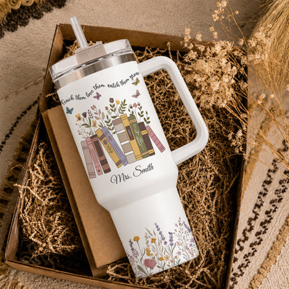 Personalized 40oz Teacher Tumbler with Handle & Straw – Custom Floral Teacher Gift for Back to School, First Day of School & Teacher Appreciation