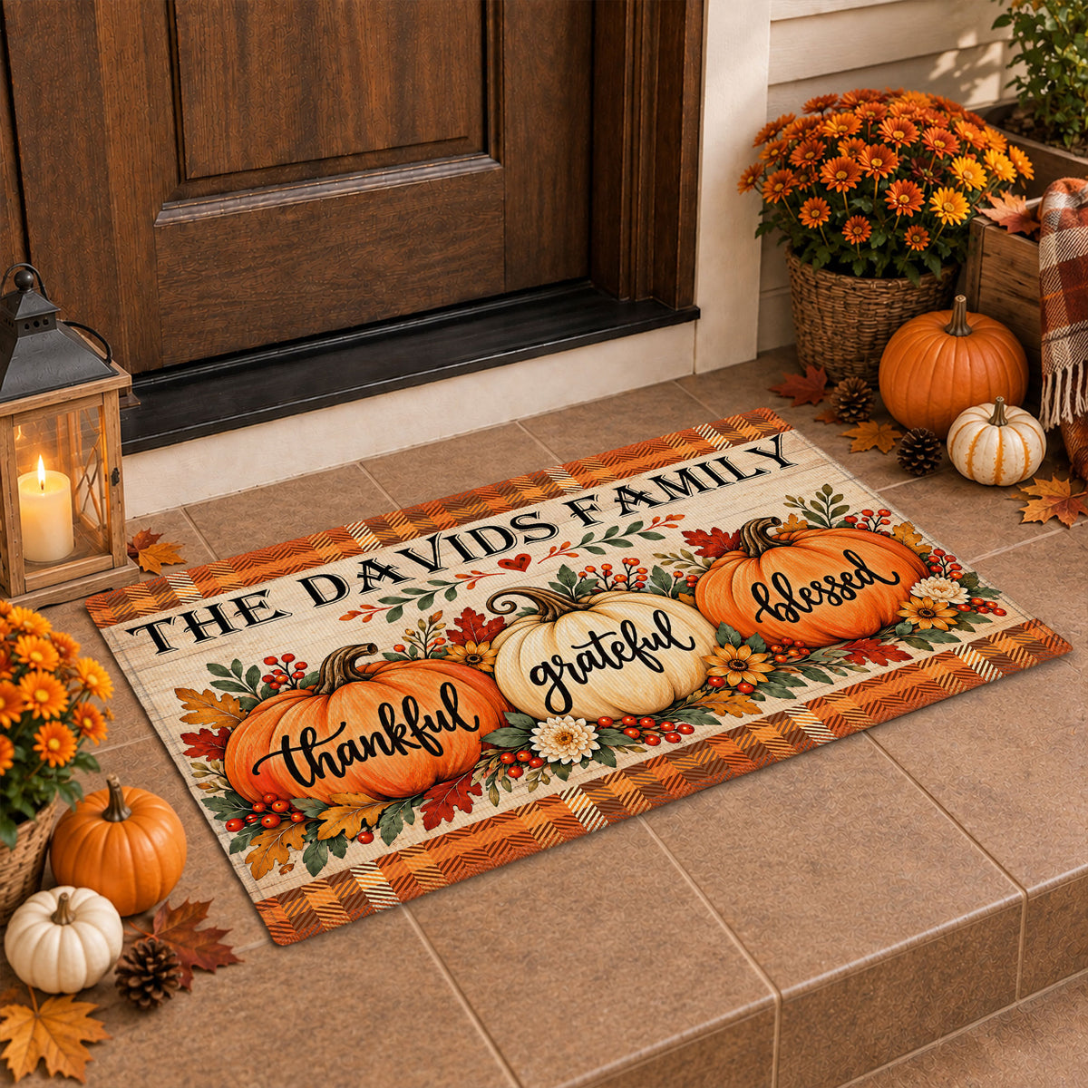 Personalized Thanksgiving Doormat - Thankful Grateful Blessed House Mat - Thanksgiving Home Decor
