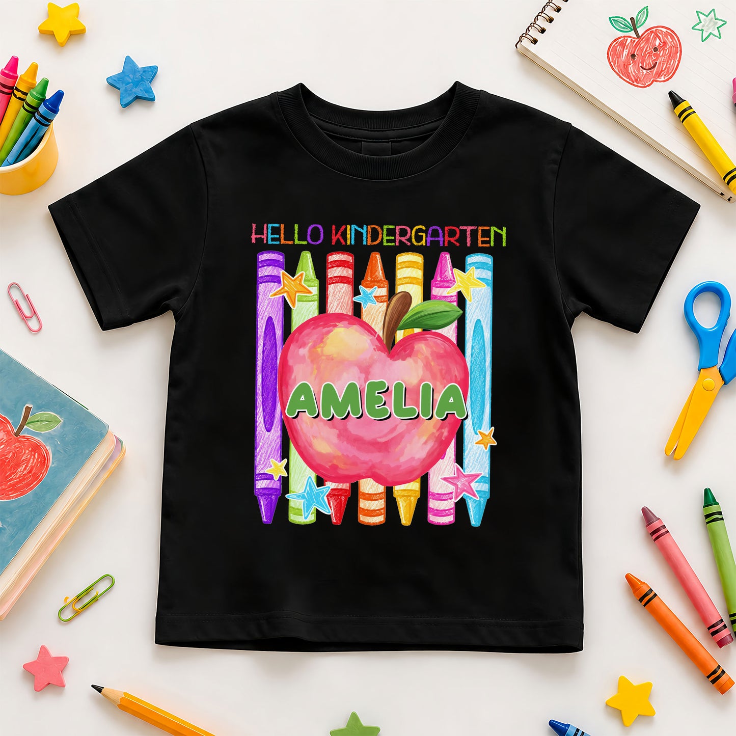 Colorful Apple Crayon Shirt - Custom Name & Grade Kids T-Shirt - First Day of School Outfit for Boys & Girls