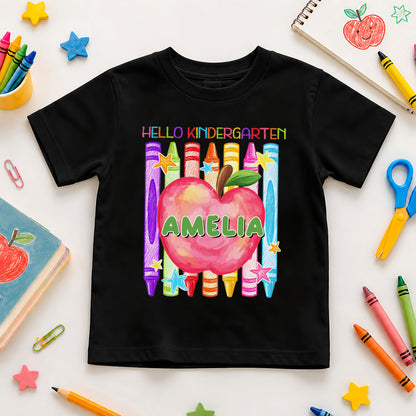 Colorful Apple Crayon Shirt - Custom Name & Grade Kids T-Shirt - First Day of School Outfit for Boys & Girls