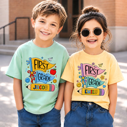 Personalized Back To School Shirt - Colorful Pennant Custom Grade & Name Kids T-Shirt - First Day of School Gift for Boys & Girls