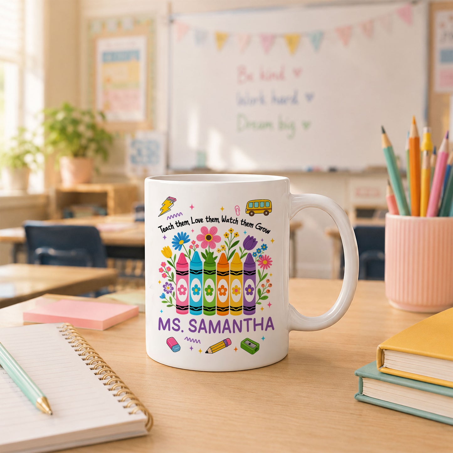 Teacher Crayon Flowers Mug - Teach Them Love Them Watch Them Grow - Personalized Teacher Mug, Appreciation Teacher Gift