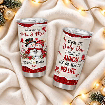 Personalized Snowman Couple Christmas Tumbler, Custom Names Anniversary Gift for Couples