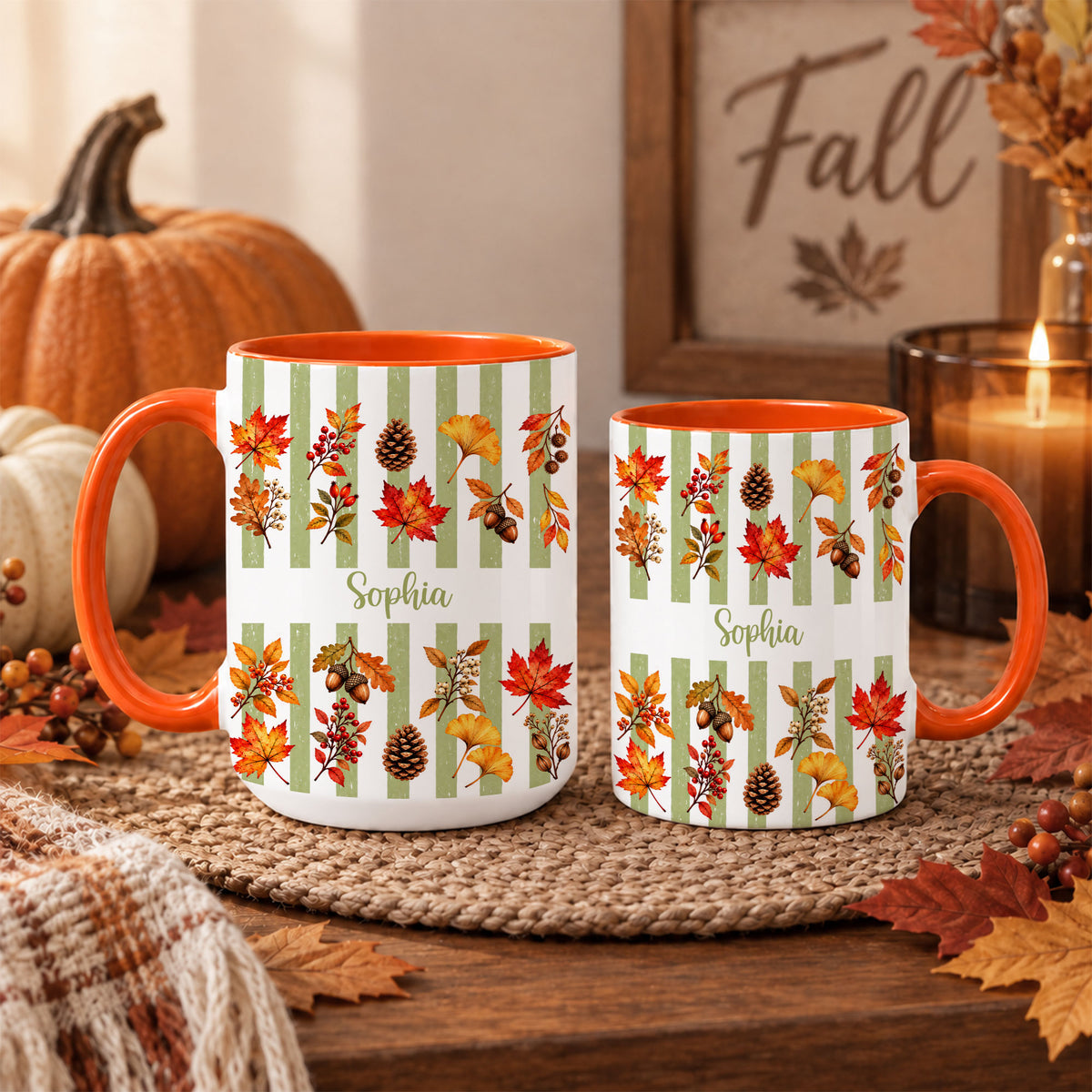 Personalized Fall Mug with Name - Autumn Leaves and Acorns Coffee Cup - Fall Gift for Friends