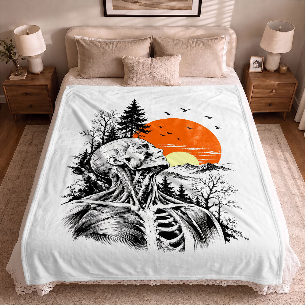 Anatomical Skeleton Blanket, Vintage Sunset Mountain Fleece & Sherpa  Blanket, Gothic Nature Gift for Men Women