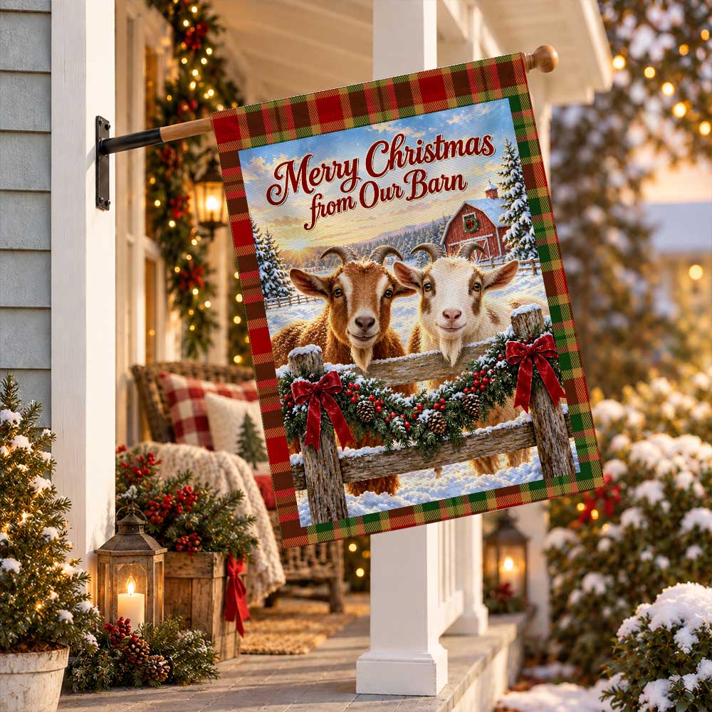 Christmas Garden Flag - Highland Cow Merry Christmas from Our Barn - Farmhouse Decor, Country Christmas Gift