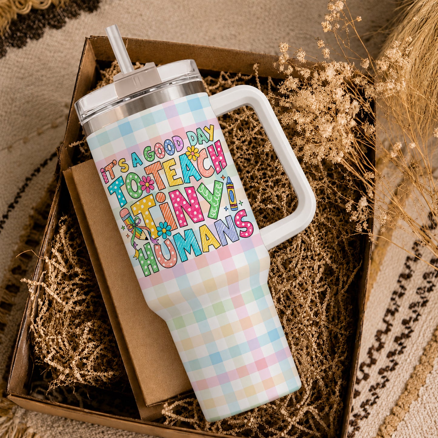 Colorful Teacher Tumbler with Handle - It's a Good Day to Teach Tiny Humans - Personalized Teacher Stainless Steel Tumbler - Back To School Gift for Teachers