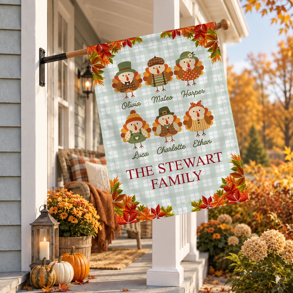 Personalized Thanksgiving Garden Flag - Custom Family Name Turkey Flag - Thanksgiving Outdoor Decor