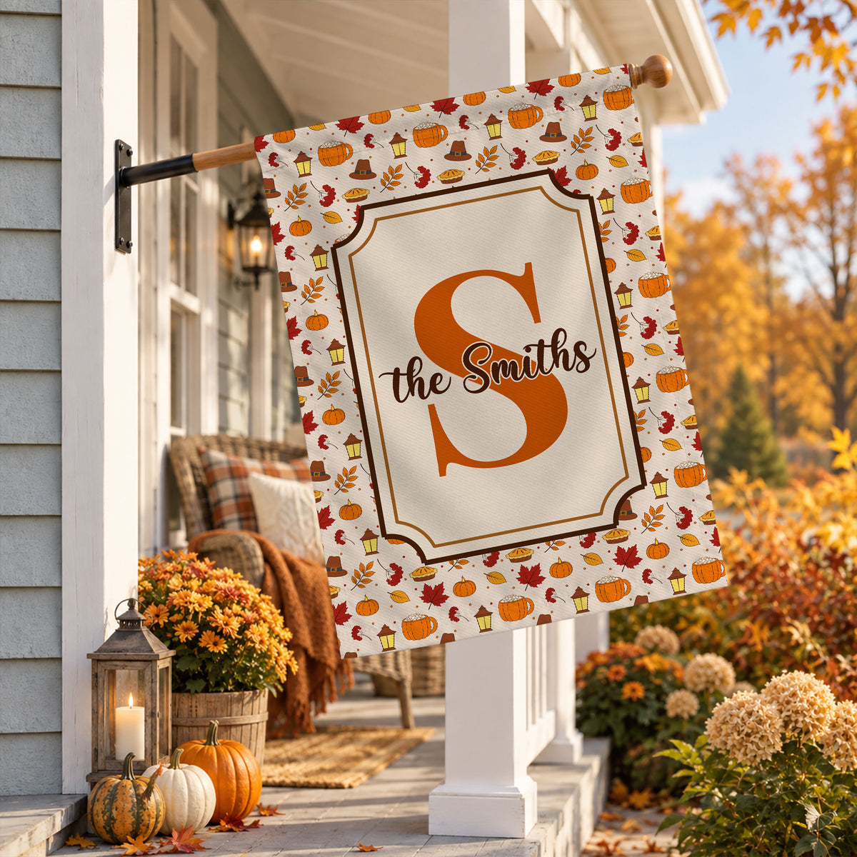 Personalized Thanksgiving Garden Flag - Custom Family Name Monogram Fall Yard Decor - Pumpkin Harvest Outdoor Flag - Autumn Home Decor