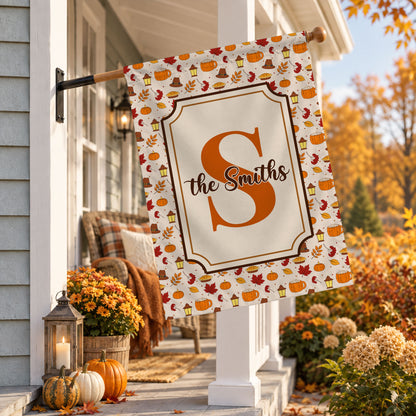 Personalized Thanksgiving Garden Flag - Custom Family Name Monogram Fall Yard Decor - Pumpkin Harvest Outdoor Flag - Autumn Home Decor