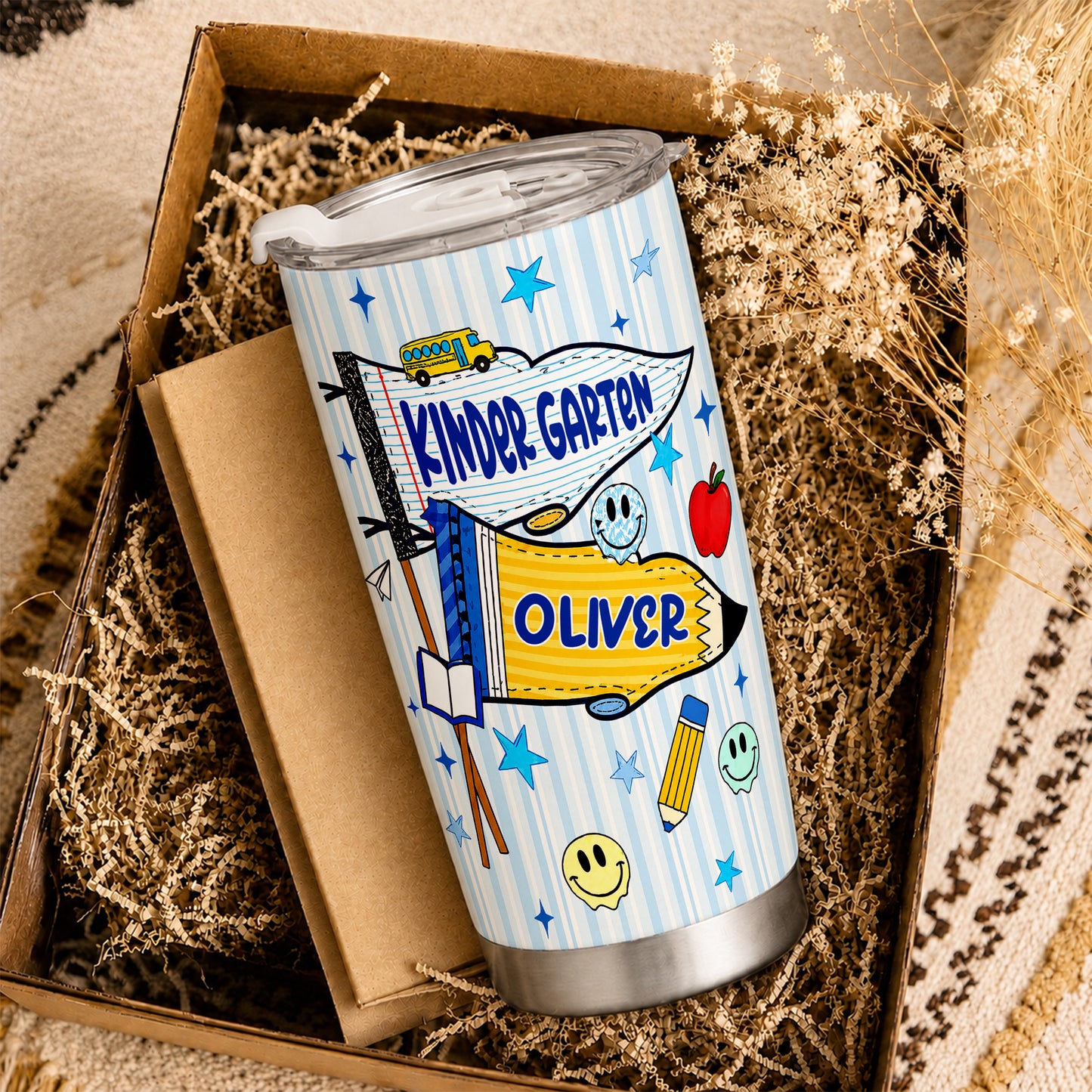 Personalized Back to School Tumbler - Custom Name & Class for Teachers and Students, Striped Blue 20oz Travel Cup