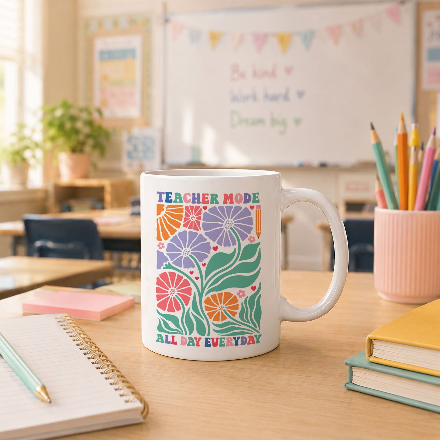 Boho Floral Teacher Mug - Teacher Mode All Day Everyday - Custom Teacher Name Coffee Mug - Appreciation Gift For Teachers