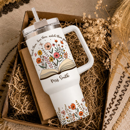 Personalized 40oz Teacher Tumbler with Handle & Straw – Custom Floral Teacher Gift for Back to School, First Day of School & Teacher Appreciation
