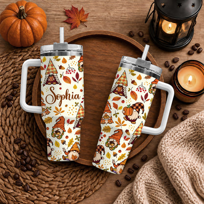 Personalized Thanksgiving Tumbler 40oz, Turkey Fall Leaves Gnome, Hello Fall Custom Name Gift For Adult & Friends