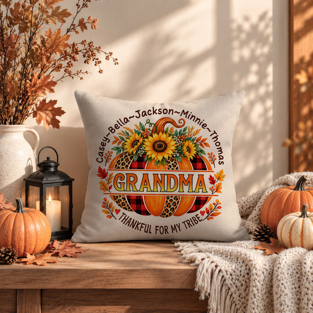 Personalized Thanksgiving Pillow - Thankful for My Tribe - Fall Gift for Grandma, Mom