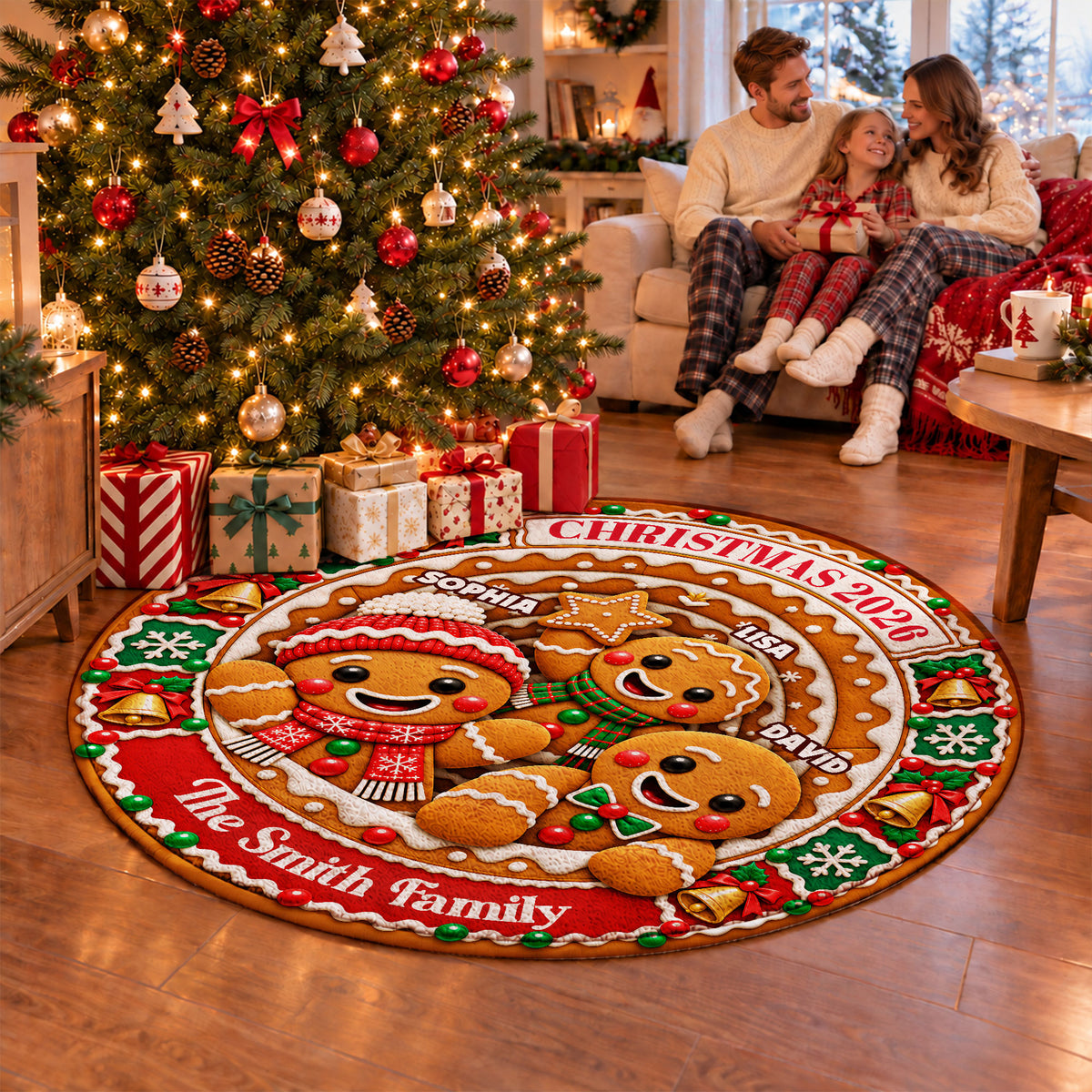 Personalized Christmas Round Rug - Custom Family Name Gingerbread 3D Effect Rug - Christmas Gift for Family