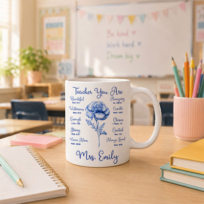 Birth Month Flower Bible Teacher Mug - Teacher You Are Amazing - Custom Teacher Name Coffee Cup - Back To School Gift for Teachers