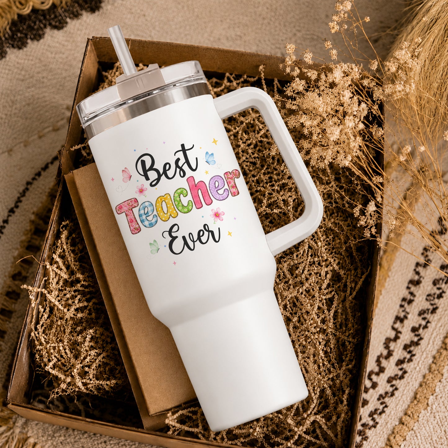 Personalized 40oz Teacher Tumbler with Handle & Straw – Custom Best Teacher Ever Gift for Back to School & Teacher Appreciation