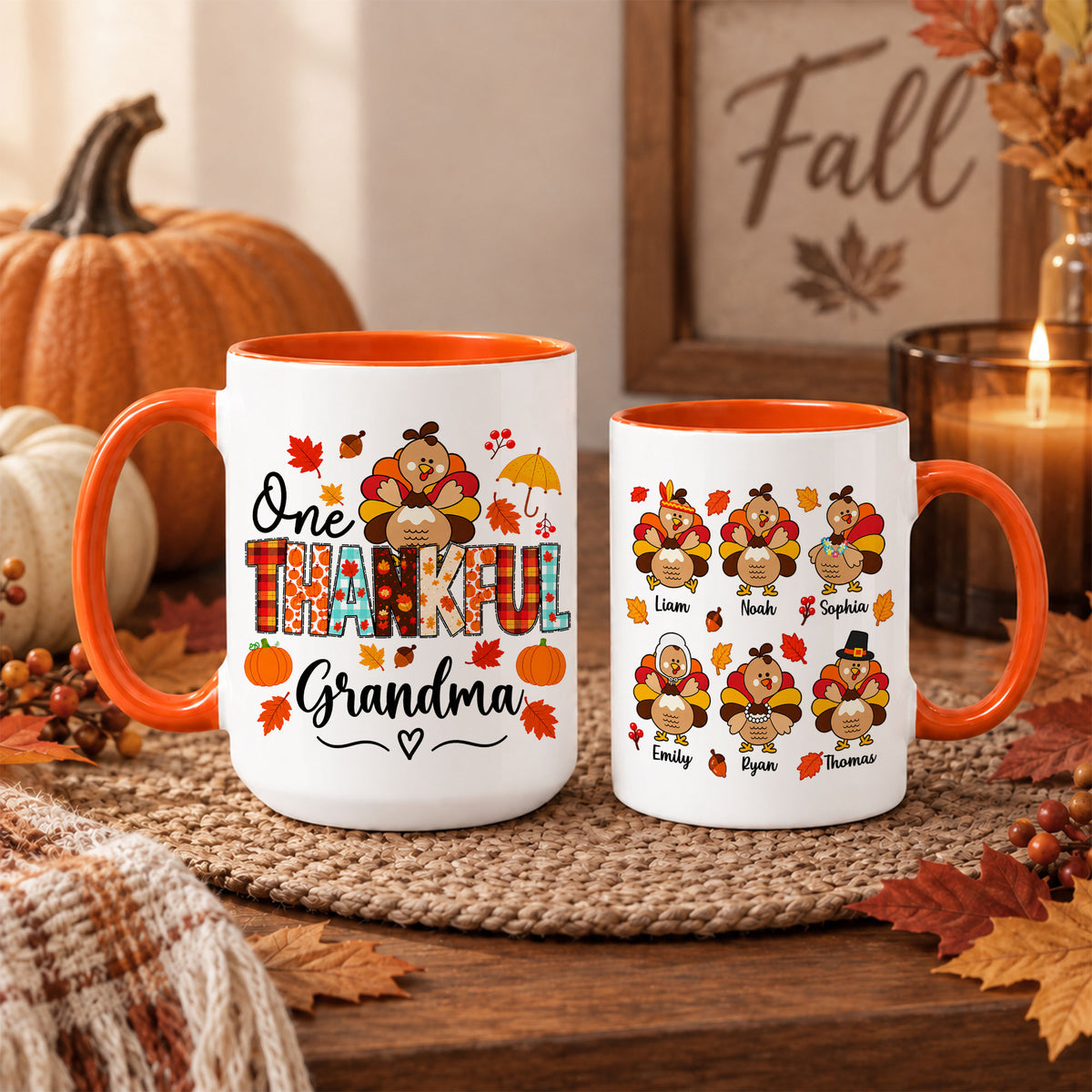 Personalized Thanksgiving Mug - One Thankful Grandma Turkey Mug - Thanksgiving Gift for Family