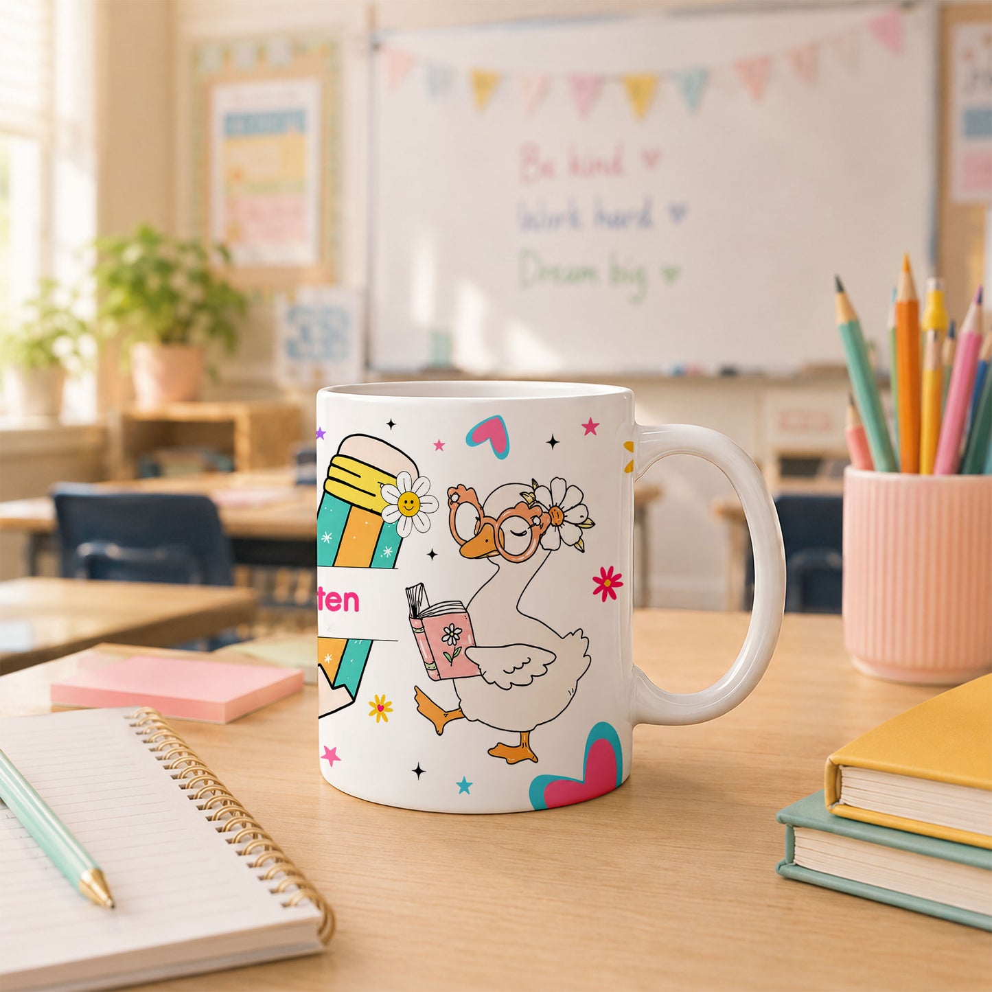 Personalized Hello Kindergarten Mug with Custom Grade & Name, Cute Goose School Coffee Mug, First Day of School Gift for Kids Students