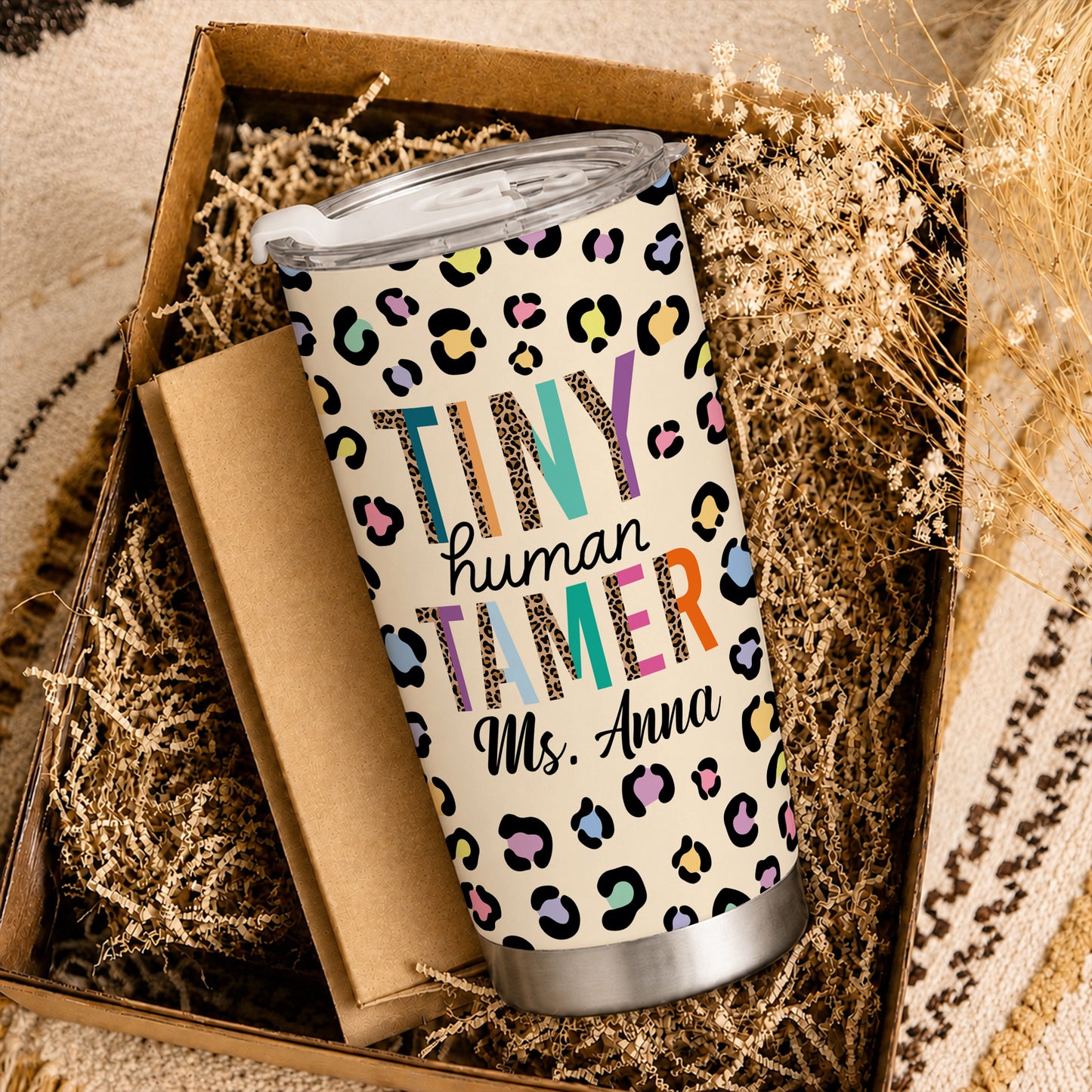 Tiny Human Tamer Teacher Tumbler with Handle - Colorful Leopard Print Teacher To Go Cup - Personalized Gift for Teachers