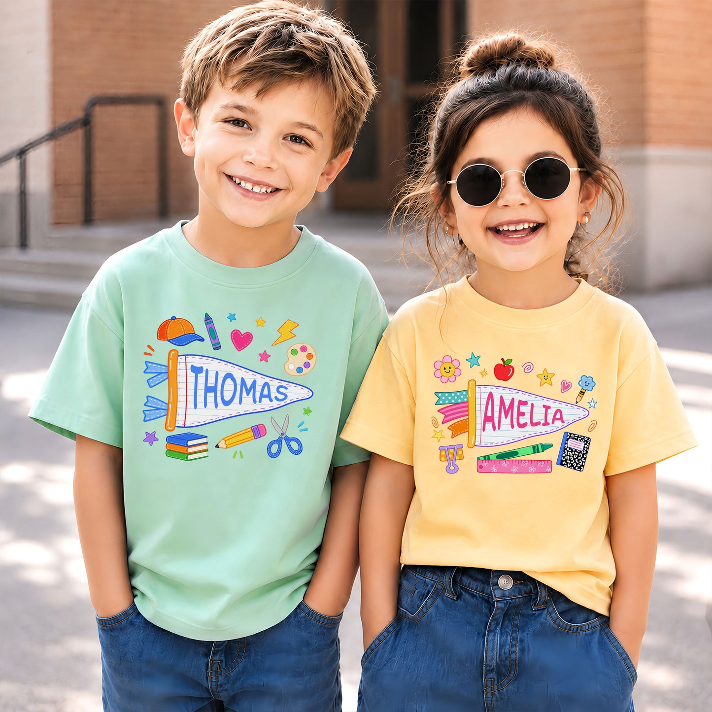 Personalized Colorful Pennant Shirt - Custom Name & Grade Kid T-shirt - Back To School Gift for Boys & Girls