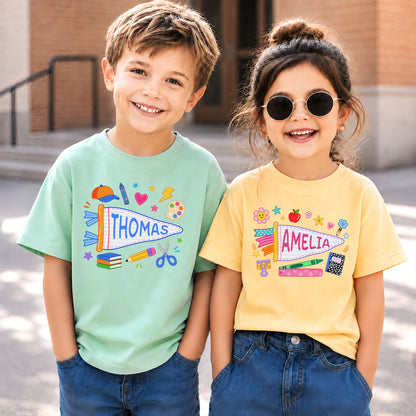 Personalized Colorful Pennant Shirt - Custom Name & Grade Kid T-shirt - Back To School Gift for Boys & Girls