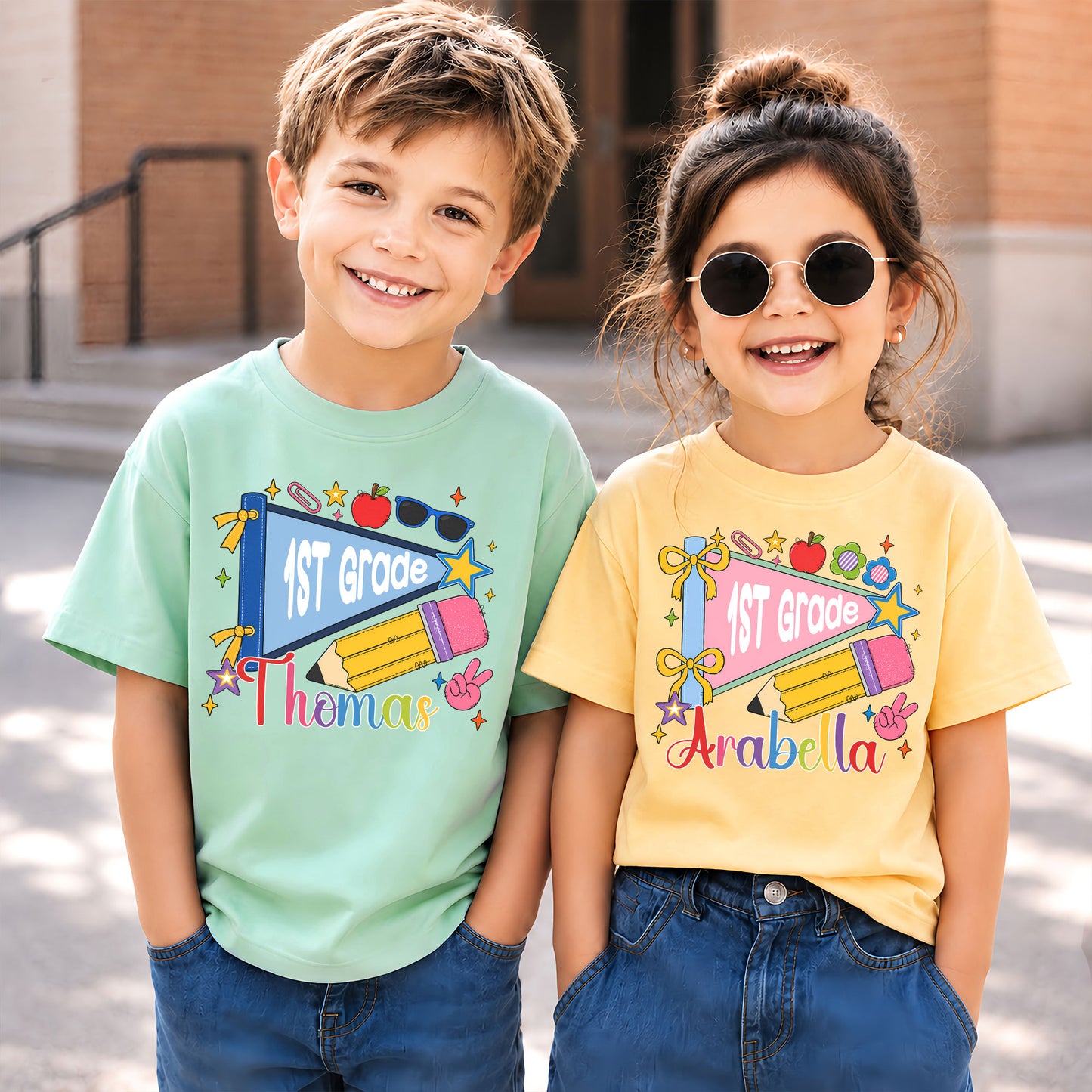 Colorful Pennant Tshirt - Custom Name & Grade Kid T-shirt - Back To School Gift for Boys & Girls
