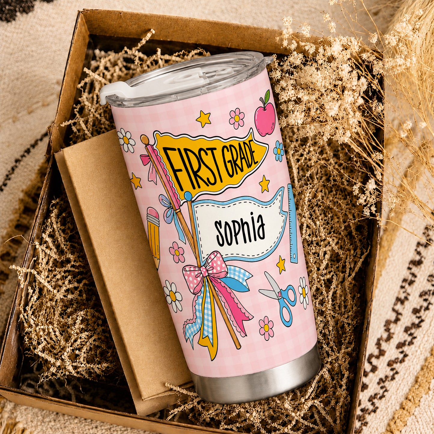 Personalized Back to School Tumbler - Custom Name & Class for Teachers and Students, Pastel Bow 20oz Travel Cup