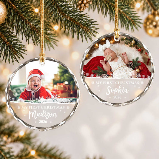 Personalized Christmas Glass Ornament - Custom Photo Baby's First Christmas 2026 - New Born Baby Christmas Gift