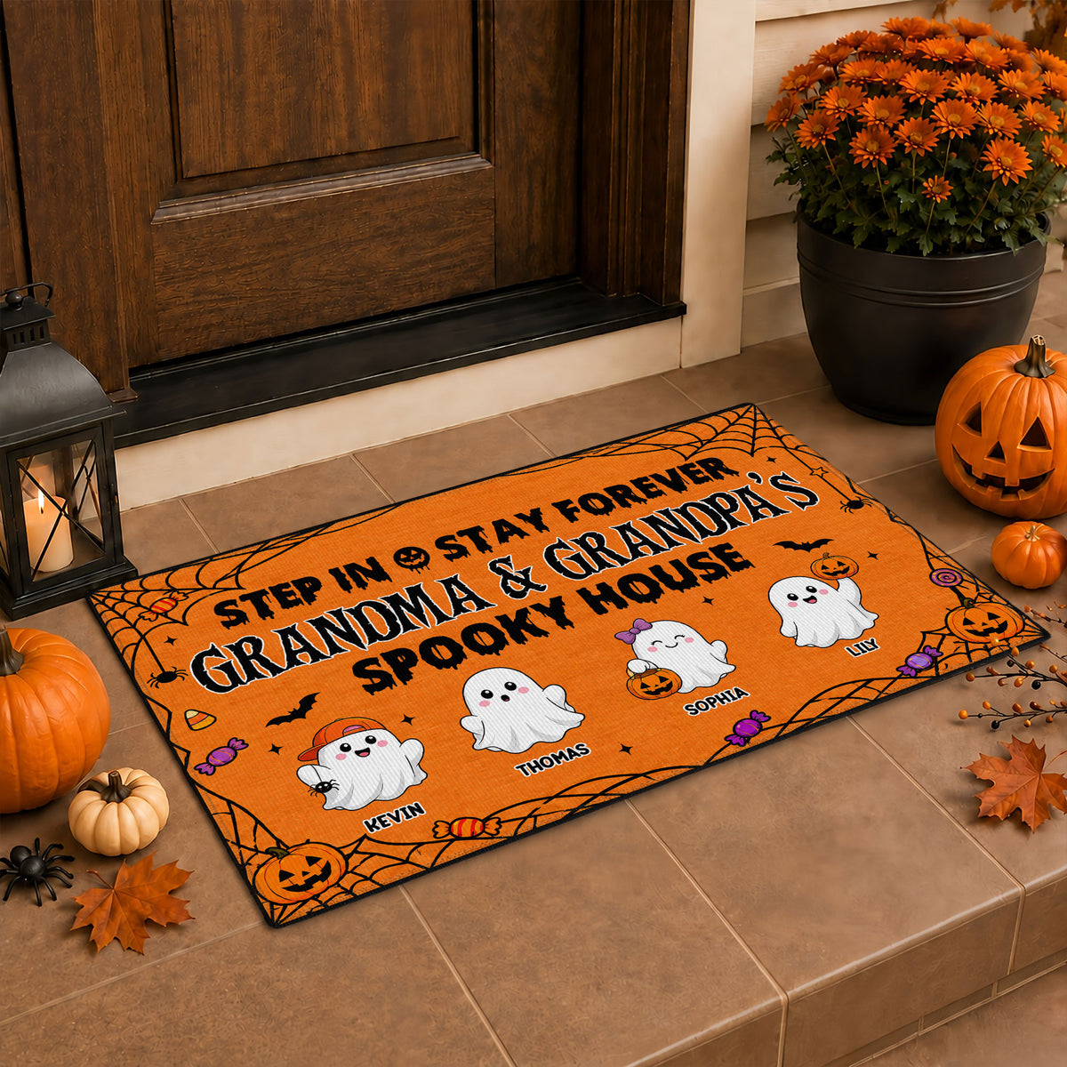 Personalized Halloween Doormat - Grandma & Grandpa Spooky House Mat - Custom Family Name Door Mat, Halloween Home Decor
