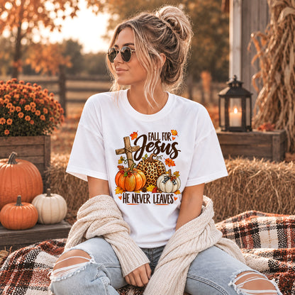 Christian Thanksgiving Shirt - Fall For Jesus He Never Leaves - Trendy Fall Gift for Friends