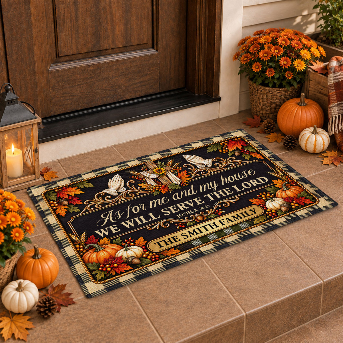 Personalized Thanksgiving Door Mat - Serving The Lord Family Mat - Christian Fall Home Decor
