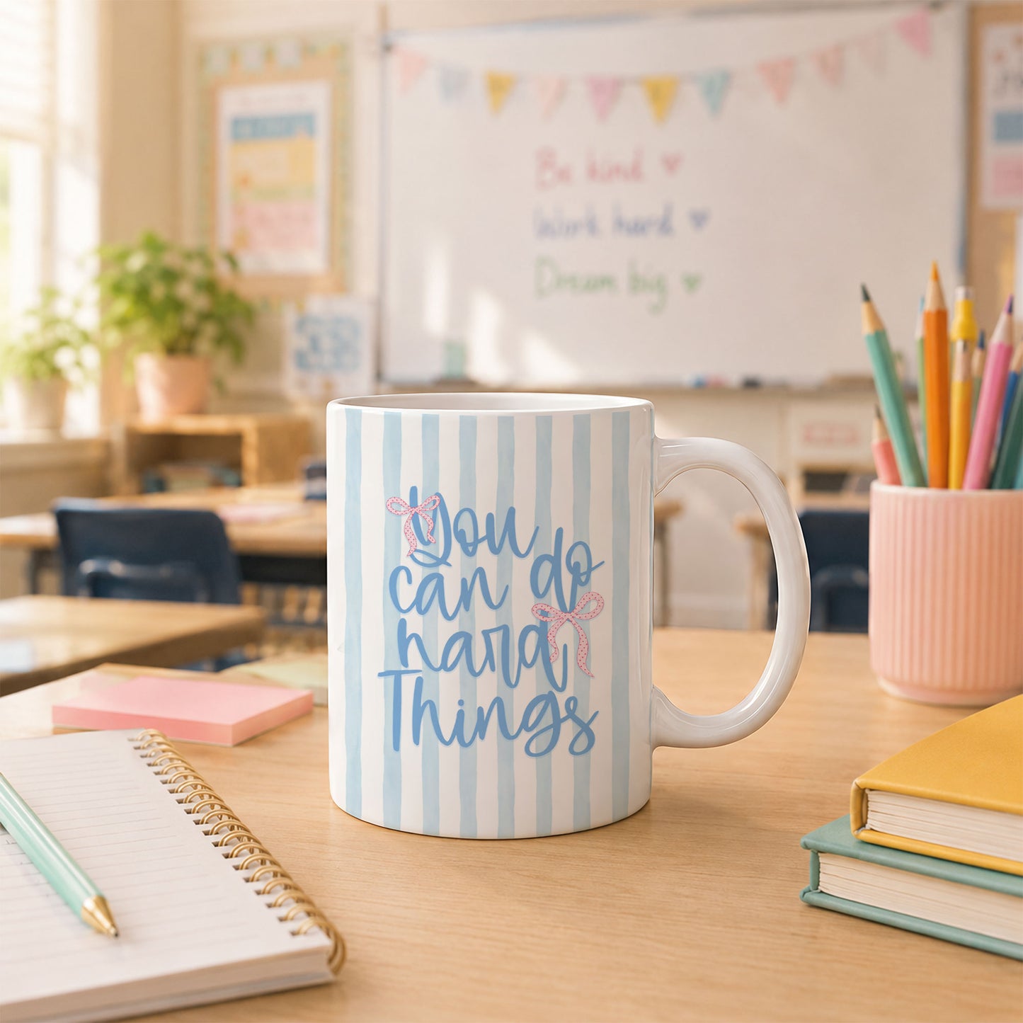 Personalized Teacher Student Coffee Mug with Custom Name, You Can Do Hard Things Mug, Striped Color School Gift, Back to School Cup